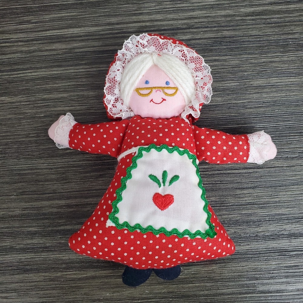 Miniature‎ 5"  Mrs. Claus Tiny Grandma Plush Doll - Red Dress, Yarn Hair